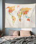 World Map Tapestry For Kids And Students Vintage Colorful Geography Wall Hanging USA Africa Europe Educational Decor For School Classroom Dorm Room 39 By 59 Inches Red Beige Yellow over bed