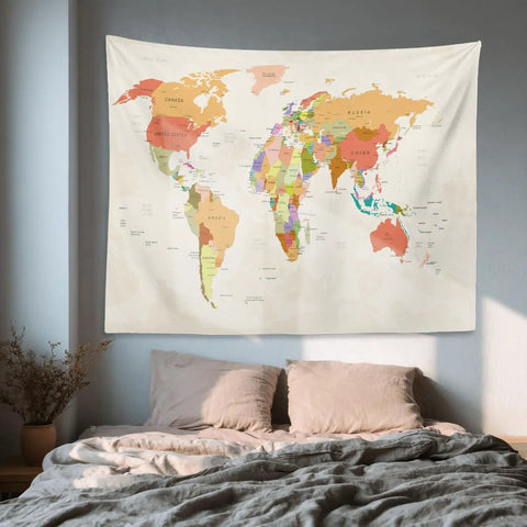 World Map Tapestry For Kids And Students Vintage Colorful Geography Wall Hanging USA Africa Europe Educational Decor For School Classroom Dorm Room 39 By 59 Inches Red Beige Yellow over bed