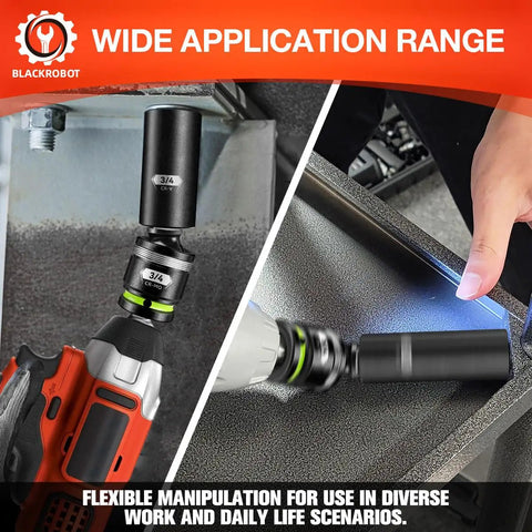 3/4 Inch Drive Universal Joint Socket Adapter Set in use with a cordless impact wrench, showcasing flexible applications.