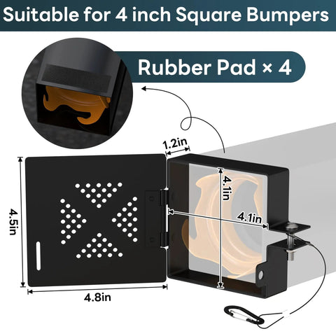 Aluminum RV Bumper End Cap Kit Two Pack For 4 Inch Square Campers showing measurements and latch detail.
