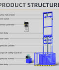 Diagram showing the components of a 2200 lbs electric hydraulic lift with wall mount freight elevator for various lifting tasks.