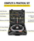 Solid Adjustable Hole Saw Kit With Steel Cutter Fits 40 To 200mm Range, Includes Dust Shield HSS Pilot Bits Plus Carbide And Wood Blades For DIY Sheetrock Slate And Veneer Projects Without Breakin Bones. Open case with included bits and dust shield