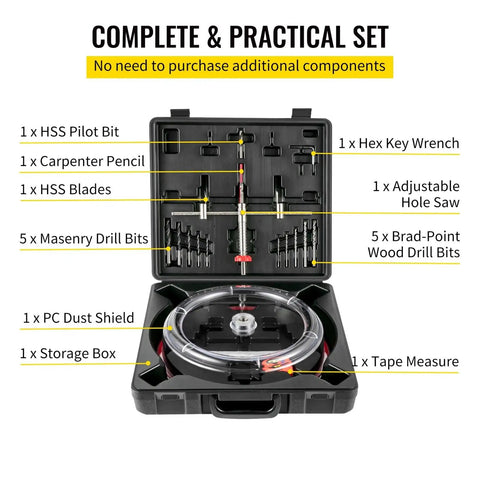 Solid Adjustable Hole Saw Kit With Steel Cutter Fits 40 To 200mm Range, Includes Dust Shield HSS Pilot Bits Plus Carbide And Wood Blades For DIY Sheetrock Slate And Veneer Projects Without Breakin Bones. Open case with included bits and dust shield