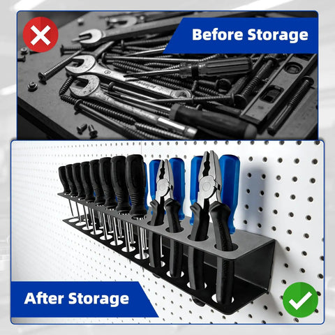 2 Pack Wall Mounted Screwdriver Organizer Set For Garage And Workshop showing tools before and after storage on aluminum rack