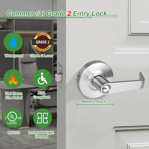ANSI Grade 2 Commercial Keyed Entry Door Lever Handle With UL Listed ADA Compliant Performance Satin Chrome Finish 26D Backset
