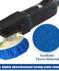 Six Piece Blue Microfiber Buffing Pads Fits Nine To Ten Inch Orbital Buffer And Polisher Slick Finish Bonnets For Car Detailing And Paint Correction Heavy Duty Garage Go To Tools No Fuss Work, close-up of pad on buffer.