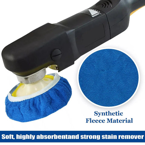 Six Piece Blue Microfiber Buffing Pads Fits Nine To Ten Inch Orbital Buffer And Polisher Slick Finish Bonnets For Car Detailing And Paint Correction Heavy Duty Garage Go To Tools No Fuss Work, close-up of pad on buffer.