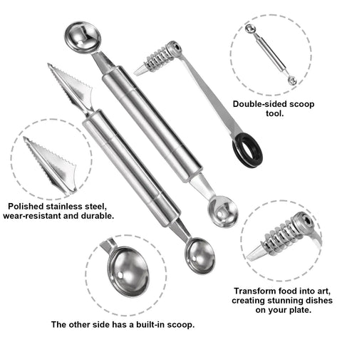 Spiral Veggie Cutter Set With Stainless Steel Spiralizer, V-Shaped Carving Tool, Fruit Baller And Two Forks For Potatoes Cucumbers Carrots And Melons.