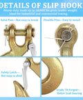 Close-up details of Two Pack Heavy Duty Clevis Hooks Three Eighths Inch Forged Steel With Safety Latch G70 Rated 18000 Lbs Capacity.