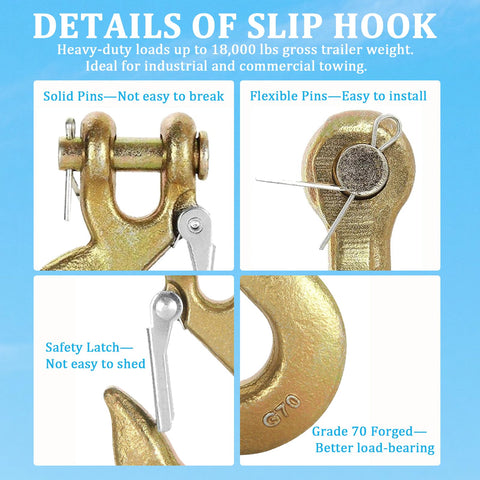 Close-up details of Two Pack Heavy Duty Clevis Hooks Three Eighths Inch Forged Steel With Safety Latch G70 Rated 18000 Lbs Capacity.