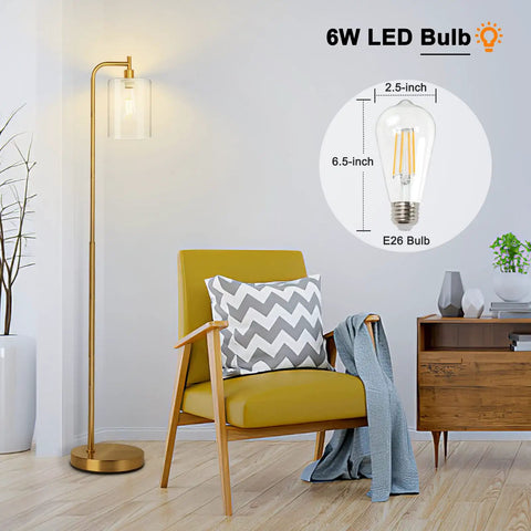 Gold Industrial Floor Lamp With Glass Shade For Living Room And Bedroom Vintage Brass Standing Lamp With E26 Socket And Foot Switch