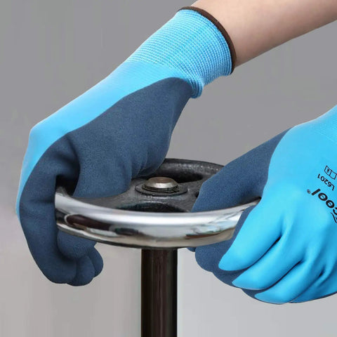 Waterproof Work Gloves With Hycool Grip Fully Dipped Latex For Dry Hands Slip Resistant Dexterity For Construction Gardening And Tech Work 3 Pairs Medium Blue Tough Comfortable All Weather PPE shown gripping a metal bar.