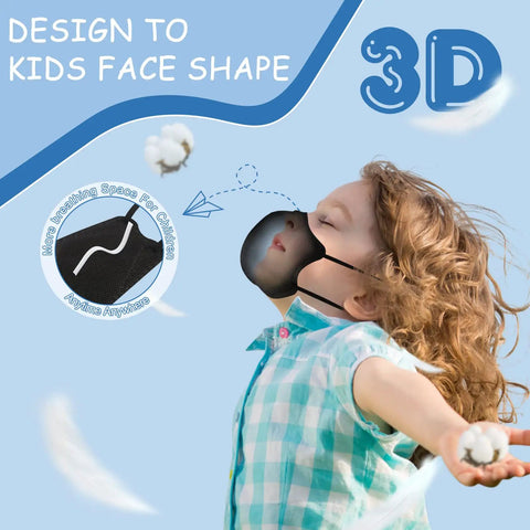 Child wearing Kids KN95 Face Masks 5 Ply Pack 50 Count For Children With Elastic Ear Loops And Soft Sponge Nose Bridge Kid Friendly Breathable Black Masks