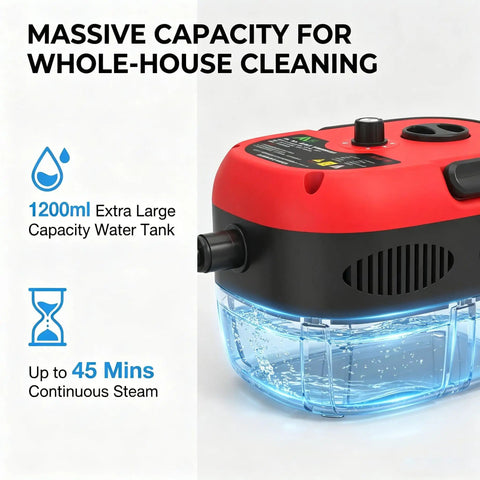 1200ml water tank of 2500W Handheld High Temperature Steam Cleaner With 6 Adjustable Steam Levels And 105 Degrees Celsius Steam Temperature For Kitchen Car Bathroom And Hardwood Floors Includes 5 Attachments And 15 Second Heat Up