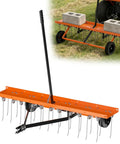 48 Inch Tow Behind Dethatcher For Lawns, Heavy-Duty Rake With 24 Rust-Proof Tines And Rugged Tow Tires, Orange, Connected to Lawn Tractor