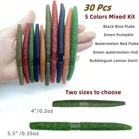 Senko Wacky Worm Soft Plastic Lures Kit, 30 Pcs in 5 Colors Mixed, Two Sizes 5.5 Inch 0.35 Oz and 4 Inch 0.2 Oz, Bassin Friendly Freshwater Saltwater Baits For Texas Rigs Dropshot and Carolina Rig