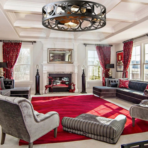 Low Profile Caged Ceiling Fan With Lights And Remote Control in elegant living room, modern industrial style, black metal cage design.