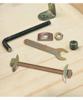 Half Moon Countertop Joint Bolts Kit For Tabletops And Furniture, 12 Set on wooden surface, included tools and bolts visible