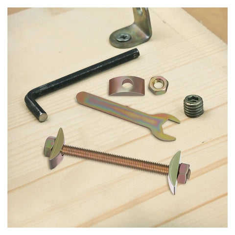 Half Moon Countertop Joint Bolts Kit For Tabletops And Furniture, 12 Set on wooden surface, included tools and bolts visible