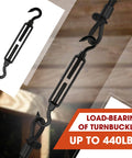 2 Pack M8 Stainless Steel Hook And Turnbuckle Set For Wire Rope Tension Black Coated Shade Sail Hardware shown on rope
