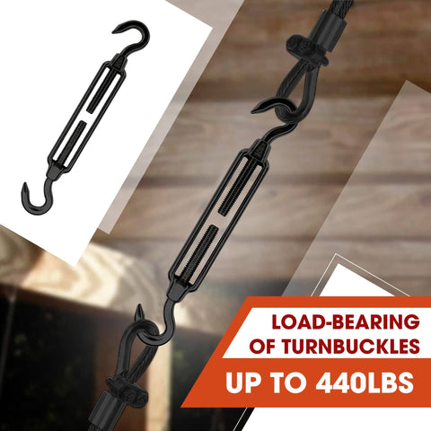 2 Pack M8 Stainless Steel Hook And Turnbuckle Set For Wire Rope Tension Black Coated Shade Sail Hardware shown on rope
