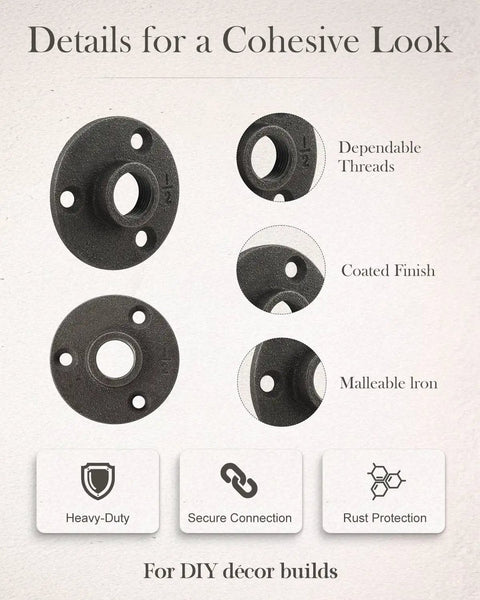 20 Pack One Half Inch Malleable Cast Iron Pipe Flanges for threaded black pipes showing coated finish and dependable threads.