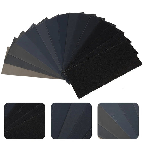 Top Tier Wet Dry Sandpaper Set With 45 Sheets Ranging From Grit 120 To Super Fine 5000 For Pro Grade Polishing And Smoothing Jobs Without The Dust showing assorted sheets.