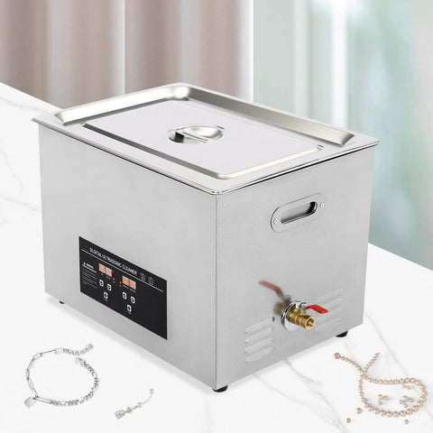 Professional Grade 30 Liters Stainless Steel Ultrasonic Cleaner With Built In Heater And Digital Timer For Jewelry Watches Sick Clean Cavitation Wash System with digital control panel and jewelry nearby.