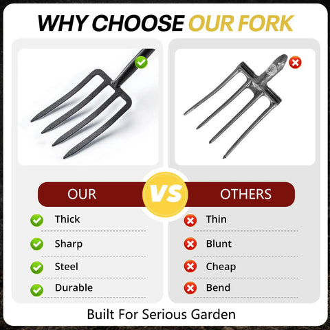 Beefy Forged Steel Spading Fork With D Grip Handle 41 Inch Premium 4 Tine Digging Fork comparison showing thickness and durability