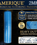 Top Notch Eight Hundred Square Foot Blue Two Millimeter Flooring Underlayment Padding With Pro Grade Vapor Barrier And Hella Effective Sound Reduction Foam For Slick Install Plus Self Sticking Tape in a roll on display.