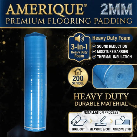 Top Notch Eight Hundred Square Foot Blue Two Millimeter Flooring Underlayment Padding With Pro Grade Vapor Barrier And Hella Effective Sound Reduction Foam For Slick Install Plus Self Sticking Tape in a roll on display.