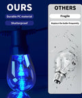 Comparison of Outdoor String Lights 50 Feet For Patio With 20 Dimmable RGBW LED Bulbs and fragile bulb showing shatterproof material