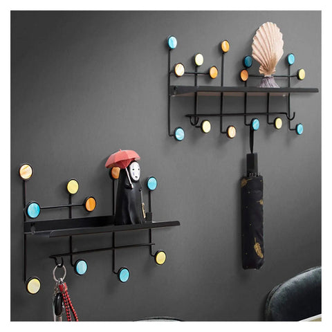 Heavy-Duty Wrought Iron Shell Wall Hooks, Double Robe And Coat Rack For Closets Bathrooms And Entryways, colorful hooks and decorative shelf.