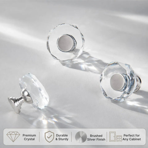30 Pack Sparkling Clear Glass Cabinet Knobs 1 1/4 Inch Silver Polygon Drawer Pulls with polished metal base.