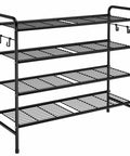 Four Tier Metal Shoe Rack Organizer, 33 Inch Wide With Four Side Hooks, Heavy Duty Shoes Shelf For Closet Front Door Garage Or Dorm