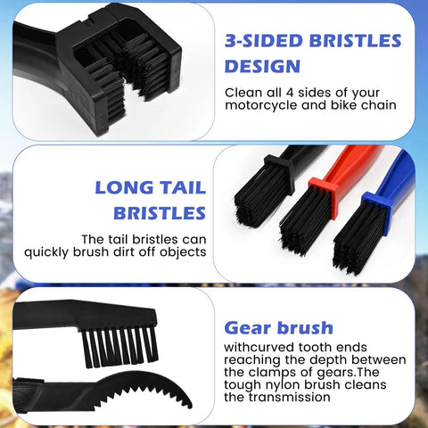 Bike Chain Washer And Motorcycle Chain Brush Set Three Piece Dirt Cleaning Tool Kit features brushes with durable bristles.