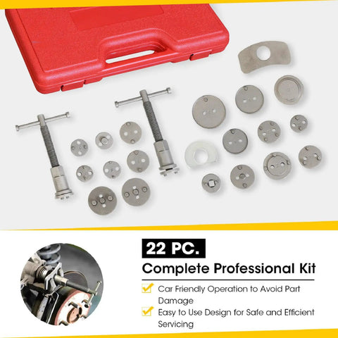 22-piece Brake Caliper Piston Press Tool Kit with red case, adapters, and thrust bolts for disc brakes, cars, and 4WD.