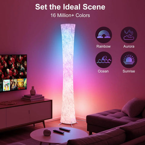 Smart RGB LED Floor Lamp 61 Inch Corner Light with music sync in living room, displaying vibrant color effects for mood lighting.