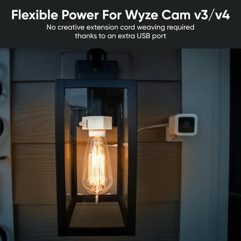 Lamp Socket Power Adapter For V3 And V4 Outdoor Cameras Turns Any Light Bulb Into Motion Activated Exterior Security Light in use with Wyze Cam.