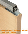Four Wheel Trolley Assembly Roller For Strut Channel Heavy Duty Barn And Shed Sliding Doors Compatible With One And Five Eighths Inch Wide Strut Channel Two Pack Reinforced Steel Plate Smooth Rolling Durable Door Hardware installed on wooden door