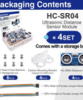 Quad Pack Ultrasonic Distance Sensor Modules With Mounting Brackets For Arduino R3 Mega 2560 Nano Duemilanove Ideal For Robotics Obstacle Avoidance Parking Assist Includes Mounting Hardware And Storage Case featuring packaging contents including sensors, brackets, screws, and jumper wires displayed.