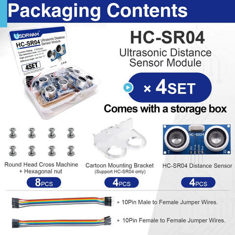 Quad Pack Ultrasonic Distance Sensor Modules With Mounting Brackets For Arduino R3 Mega 2560 Nano Duemilanove Ideal For Robotics Obstacle Avoidance Parking Assist Includes Mounting Hardware And Storage Case featuring packaging contents including sensors, brackets, screws, and jumper wires displayed.