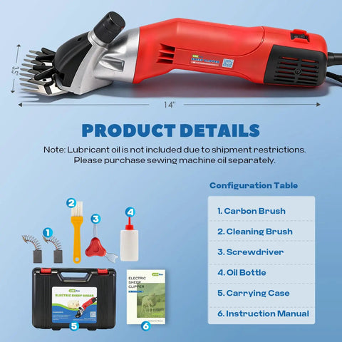 Heavy Weight Electric Sheep Shears Featuring 1200W Motor And 3800 Rpm Output with accessories like oil bottle and cleaning brush.