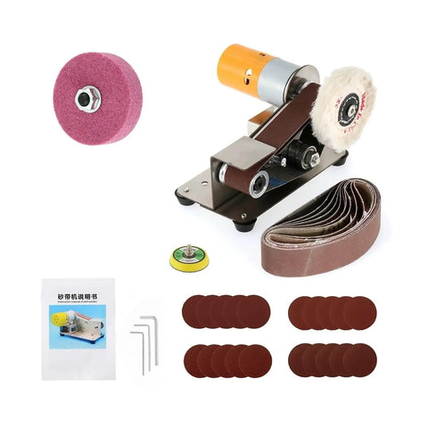 Compact Mini Electric Belt Sander And Grinder Desktop Power Tool Built Like A Tank With Rugged Stainless Steel And An Adjustable Work Table Featuring Dual Bearings For Lightning Fast Polishing Sharpening And Cutting Tasks That Are Literally A Total Game with sanding belts and wheels.