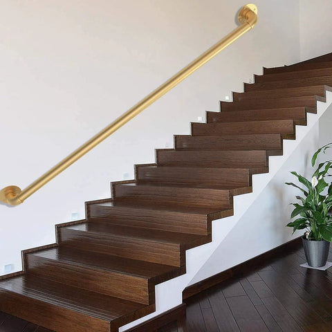 Industrial Pipe Stair Handrail Kit Golden Wall Mounted Railing System For Home Interior Exterior Stairs Lofts Bathrooms Built Like A Tank Heavy Duty Support Bar Hassle Free Install on wooden staircase