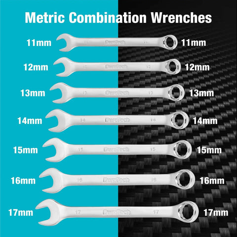 Metric combination wrenches 11mm to 17mm displayed on a black and blue background