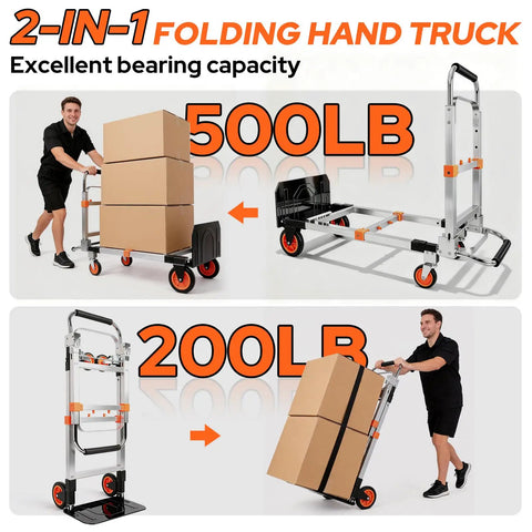 3 In 1 Aluminum Folding Hand Truck Dolly Cart With Wheels, Heavy Duty Convertible Cart For Moving Furniture, 500 lb capacity