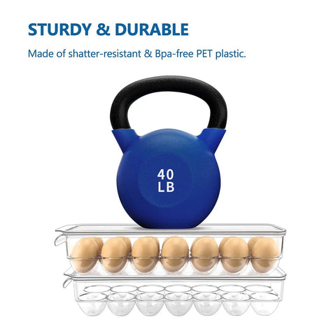Clear Plastic Egg Storage Organizer With Lid, BPA Free PET 14-Egg Holder For Fridge stacked under a 40 lb kettlebell