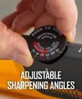 Adjustable Angle Knife Sharpener With 2-Stage Coarse And Fine Sharpening for Serrated and Straight Edge Blades, angle dial close-up