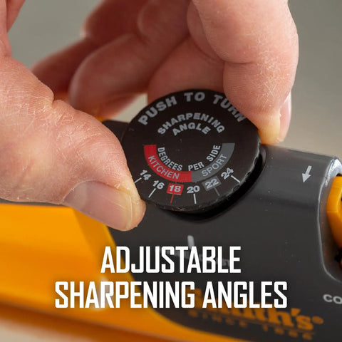Adjustable Angle Knife Sharpener With 2-Stage Coarse And Fine Sharpening for Serrated and Straight Edge Blades, angle dial close-up